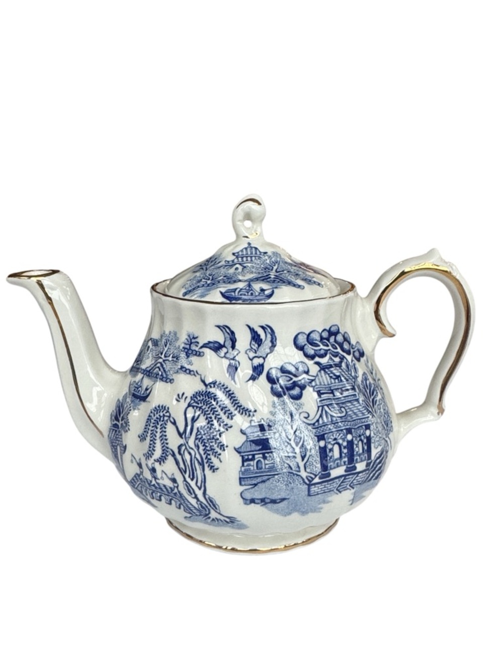 VTG Sadler Blue Willow Teapot Blue White Chinoiserie Ceramic Gold Trim Pagoda